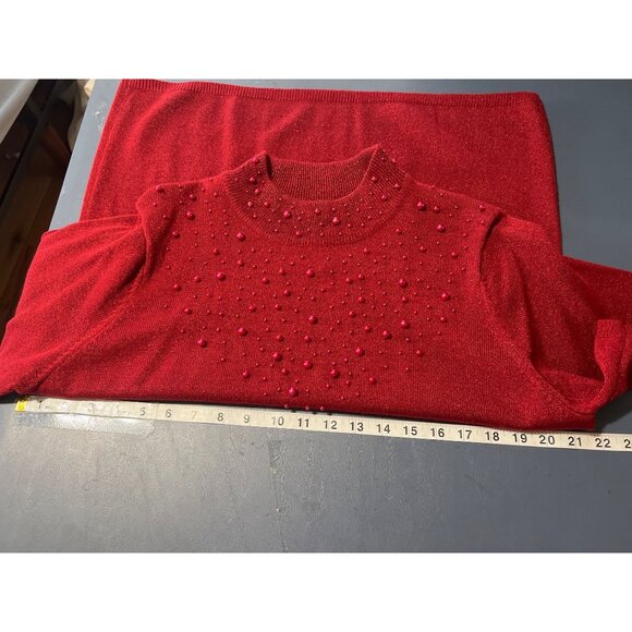 Susan Graver Red Beaded Short Sleeve Sweater & Open Cardigan Set L Acrylic Blend - Picture 5 of 15